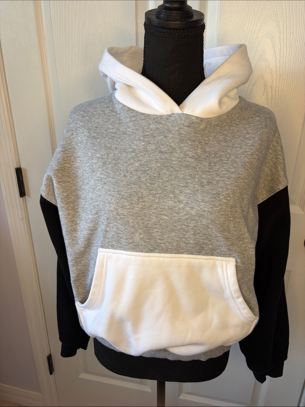 Fabletics Women's Classic Grey White and Black Hoodie front pocket size Small